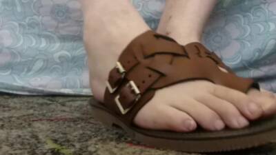 Dean Wearing Brown Leather Toe Loop Sandals - boyfriendtv.com